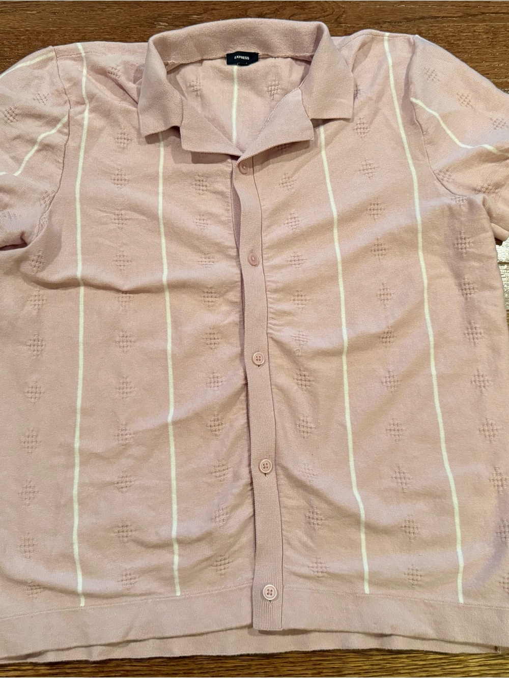 Express Men’s Light Pink Short-Sleeve Button Down Shirt with White Stripes